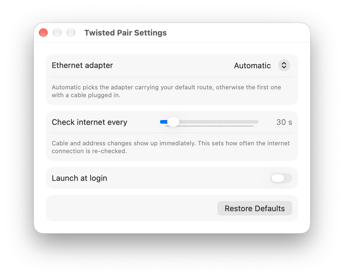 Twisted Pair Settings: Ethernet adapter set to Automatic, Check internet every 30 seconds, Launch at login, and Restore Defaults.
